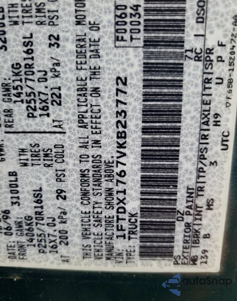 1997 Ford F-150 Lariat/Standard/Xl/Xlt из США, поврежденный, VIN 1FTDX1767VKB23772